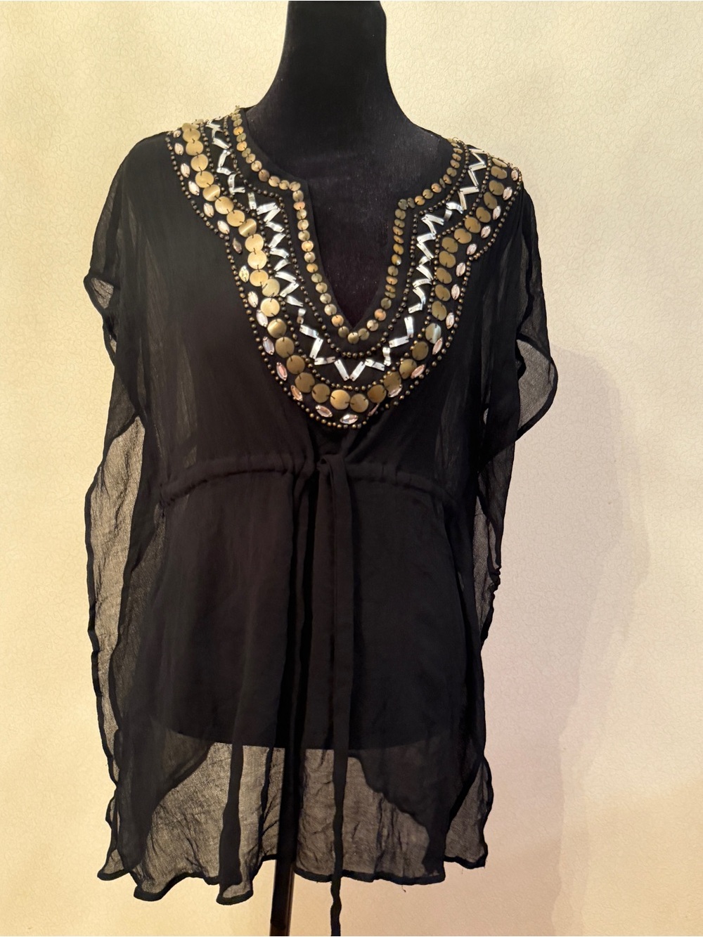 Forte Classics Black Sheer Embellished Beaded Kaftan Tunic Top M